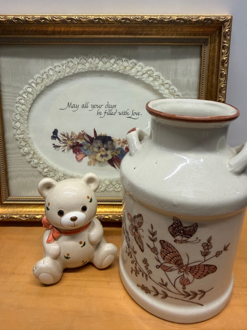 Ceramic Decorative Vase Butterfly Motif - White milk jug grandmCore shabby chic